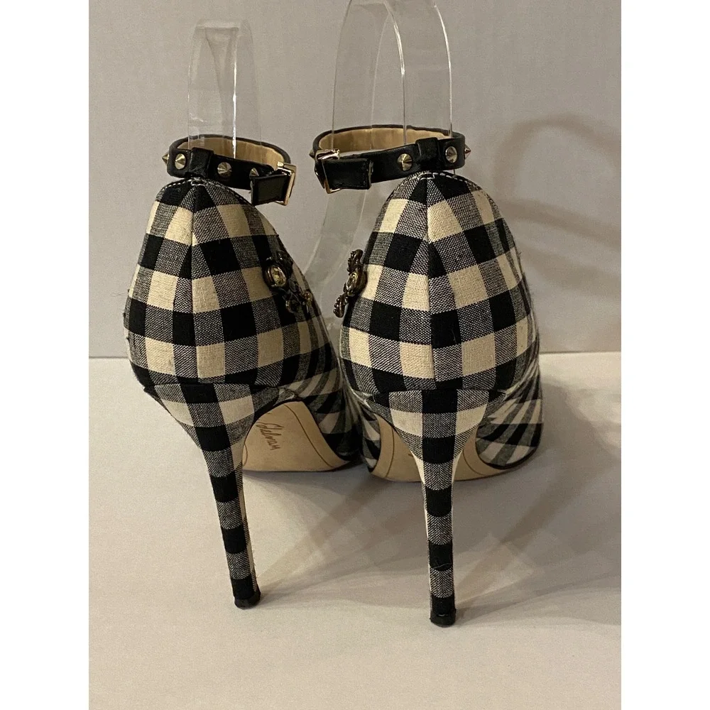 Sam Edelman Hazel Gingham Beaded Floral Ankle Strap Pumps Black White 7.5